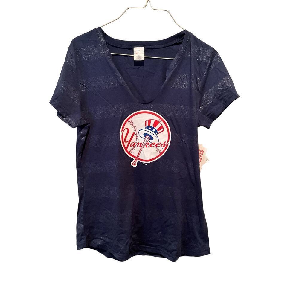 Genuine Merchandise Yankees Top Womens Medium Blue Black Striped Cotton Pullover
